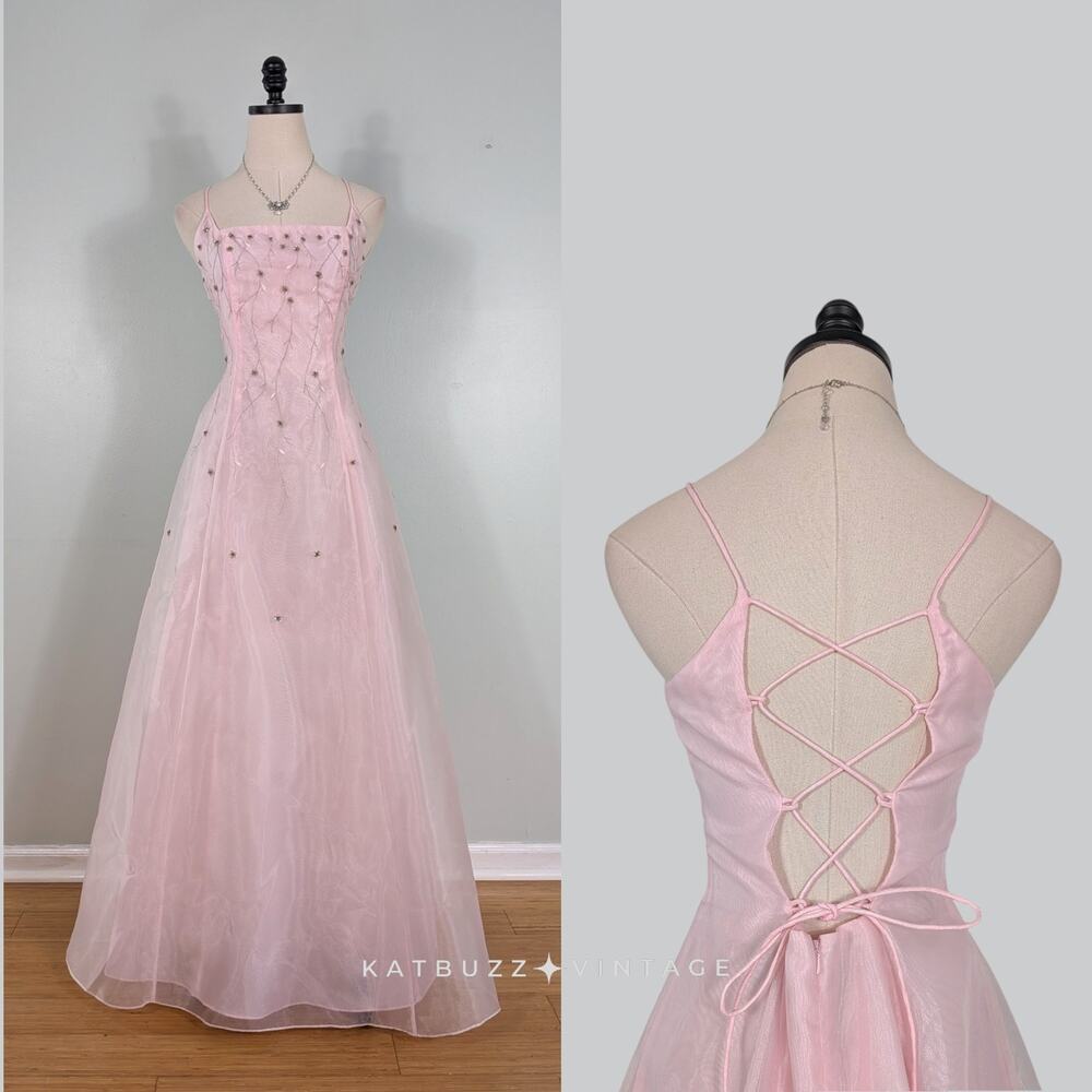 Vintage Morgan Co Prom Dress Maxi Gown 8 Pink Fairy Princess Corset Bead 90S Y2K